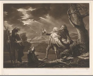 David Garrick como Rei Lear com o Conde de Kent e Edgar disfarçado de Tom em uma paisagem tempestuosa