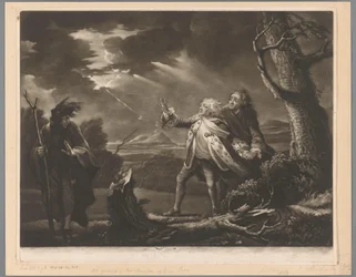 David Garrick como Rei Lear com o Conde de Kent e Edgar disfarçado de Tom, numa paisagem tempestuosa