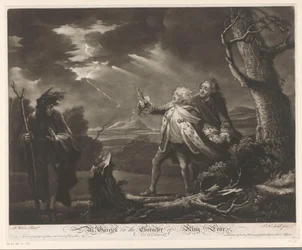 David Garrick como Rei Lear com o Conde de Kent e Edgar disfarçado de Tom, numa paisagem tempestuosa
Sr. Garrick no Carácter do Rei Lear (título sobre o objecto)