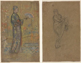 Mulher japonesa a pintar um leque (recto); mulher de pé a levantar o vestido (verso)
