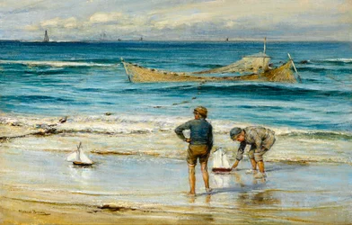 Barcos de brinquedo à vela na costa (óleo sobre tela)