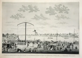 Vista nas margens do Ganges com representação do Churruck Poojah…, pub. gravura de 1810.