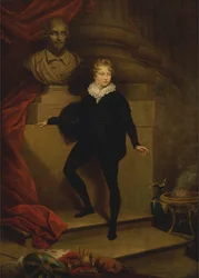 Mestre Betty como Hamlet, diante de um busto de Shakespeare