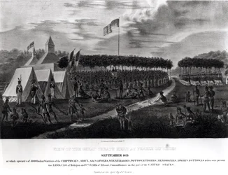 Visão do Grande Tratado Realizado na Prairie du Chien, Wisconsin, em setembro de 1825, de "The Aboriginal Portfolio", 1825