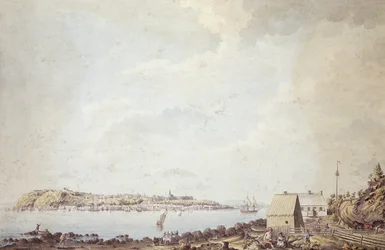 A View from the City of Quebec the Capital of Canada, Taken from the Ferry House on the Opposite Side of the River, 3rd October 1784 (caneta e tinta e aguarela sobre papel)