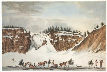 Vista de inverno das Cataratas de Montmorenci da estrada no gelo à sua frente, tirada em 12 de abril de 1781, gravada por John Wells