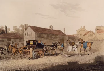 Troca de cavalos para a carruagem do correio (gravura colorida)