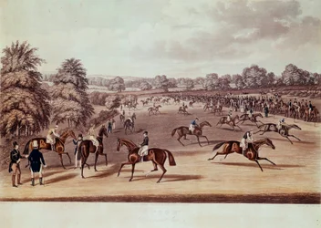 Corridas de cavalos em Epsom antes da partida Ilustração por James Pollard (1792-1867) Colecção privada do século XIX