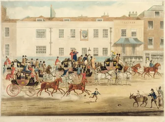 As diligências postais das regiões do Norte no The Peakcock, Islington, 1838