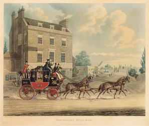 Royal Mail de mercúrio passando a estrela e a liga na ponte de Kew, 1835