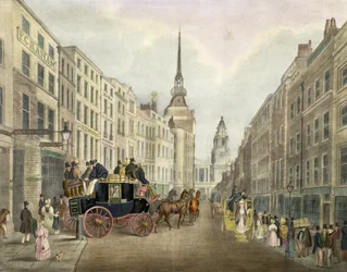 O ônibus de Cambridge deixando Belle Sauvage Yard, Ludgate Hill