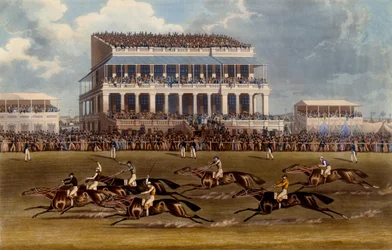 The Grand Stand em Epsom Races, estampa feita por Charles Hunt, 1836 (aquatint)