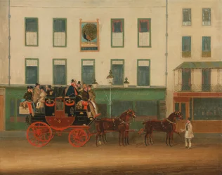 A diligência Londres-Manchester, «the Peveril of the Peak», diante do Peacock Inn, Islington