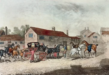 O treinador de correio mudando cavalos, gravado por R. Havell, 1815
