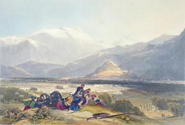 Bala Hissar e Cidade de Cabul com os Cantonments britânicos do Ba Maroo Hill, início das hostilidades, prato 16 de &39;Cenário, Habitantes e Costumes do Afeganistão&39;, gravado por R. Carrick (c.1