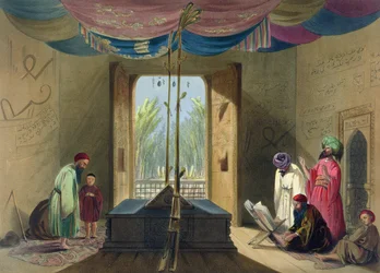 Mesquita e túmulo do imperador sultão Mahmud de Ghazni, prancha 10 de «Paisagens, habitantes e trajes do Afeganistão», gravada por Robert Carrick (c. 1829-1904), 1848