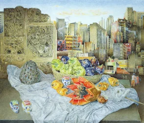 Ainda vida com mamão e paisagem urbana, 2000