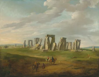 Stonehenge com uma carruagem e viajantes a cavalo