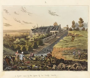 Vista frontal da quinta de La Haye Sainte, de "An Historical Account of the Battle of Waterloo" (Um relato histórico da batalha de Waterloo)