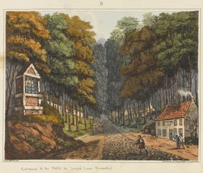 Entrada para o Foret de Soigne, perto de Bruxelas, 1815, de "Um relato histórico da batalha de Waterloo &39;, 1817 (aquatinta colorida)