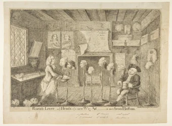 Navalhas Levée, ou Ye Chefes de um Novo Anúncio de Peruca em um Fundo Largo, 21 de abril de 1783.
