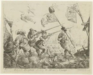 Spotprent op Goejanverwellesluis, 1787
Patriotic Burghers atacando a Casa de Orange (título sobre o objecto)