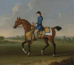 A Bay Racehorse com Jockey Up (óleo sobre tela)