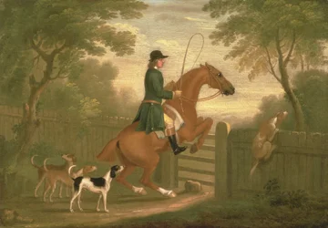 Caçador com seus cães em uma paisagem