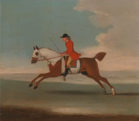 Um de quatro retratos de cavalos - um cavalo de corrida castanho exercitado por um treinador de casaco vermelho: galopando para a esquerda, o cavalo usa capas de suor brancas na cabeça, pescoço e corpo
