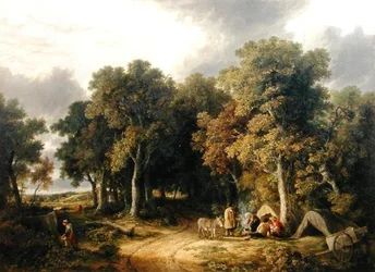 Acampamento em uma paisagem arborizada (óleo sobre tela)