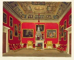 A segunda sala de estar, Buckingham House, de "A história das residências reais", gravada por Thomas Sutherland (n.1785), por William Henry Pyne (1769-1843), 1818
