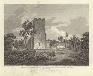 Robert Bloomfield, poeta: Honington Church, e a casa de campo em que Robert Bloomfield nasceu (gravura)