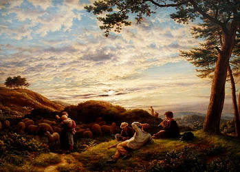 Pastorinhos a cuidar do seu rebanho ao pôr-do-sol
