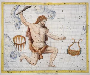 Constelação de Hércules com Corona e Lira, placa 21 de &39;Atlas Coelestis&39;, de John Flamsteed (1646-1710), publicada em 1729 (gravura colorida à mão)