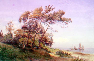 Um piquenique na costa da Ilha de Wight, com um iate ancorado ao largo ostentando a bandeira do Royal Yacht Squadron