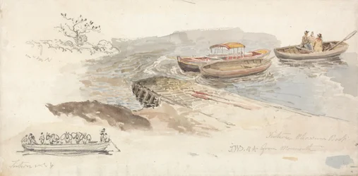 Um barco com cobertura e dois barcos a remos num cais; à esquerda, um estudo a lápis do ferry-boat Tintern Livestock