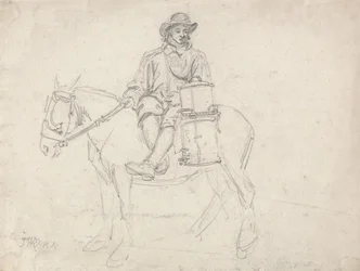 Um trabalhador agrícola a cavalgar de lado, carregando uma urna