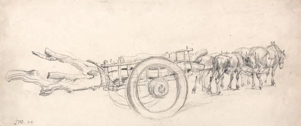Uma carroça de madeira carregada de troncos de árvores, puxada por uma parelha de cavalos e uma parelha de bois