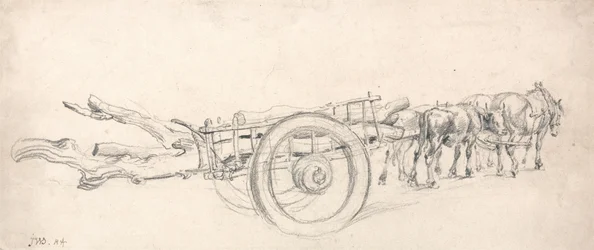 Um carrinho de madeira carregado com troncos de árvores, desenhado por um par de cavalos e um par de bois