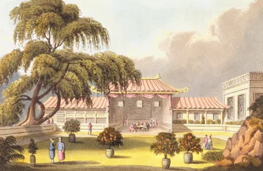 Sala de banquete em uma casa de mandarim perto de Cantão, de &39;Diário de uma viagem, em 1811 e 1812 para Madras e China&39;, gravado por J. Clark, publicado em 1814