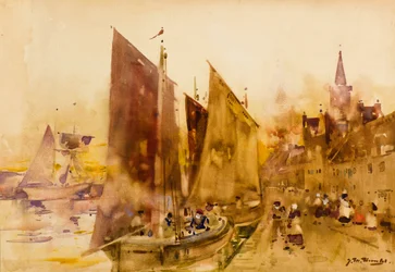 Barcos de pesca de balsa no cais, Montrose (aquarela)