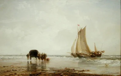 Na praia: Dois Barcos de Pesca e um Grupo de Mulheres (óleo sobre painel)