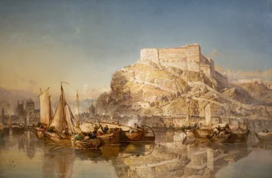 A cidade e a fortaleza de Huy no rio Meuse, 1880