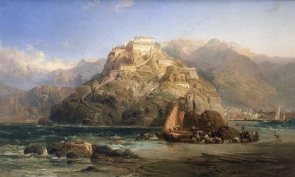 Vista de San Sebastian (Espanha), ao centro, o Monte Urgull e os edifícios do castelo de Santa Cruz de la Mota. Óleo sobre tela de James Webb (ativo entre 1853 e 1888).