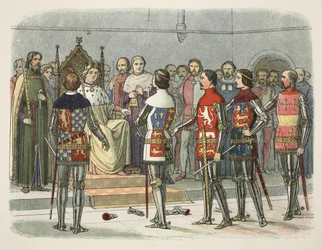 Arundel, Gloucester, Nottingham, Derby e Warwick antes de Richard II, de A Chronicle of England BC 55 a AD 1485, pub. Londres