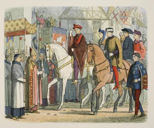 Carlos VI da França e Henrique V, recebido pelo clero em 1º de dezembro de 1420, de A Chronicle of England BC 55 a AD 1485, pub. Londres, 1863