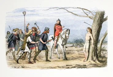 Edmund, rei de East Anglia, morto pelos dinamarqueses, 20 de novembro de 869 dC, de A Chronicle of England BC 55 a AD 1485, pub. Londres, 1863