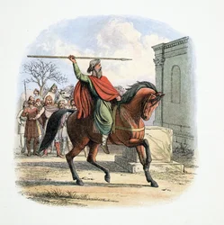 O Sumo Sacerdote, Coifi, profana o Templo dos Ídolos, 627 dC, de A Chronicle of England BC 55 a AD 1485, pub. Londres, 1863