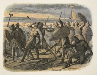 A morte de Harold II na Batalha de Hastings, 1066, de A Chronicle of England BC 55 a AD 1485, pub. Londres, 1863