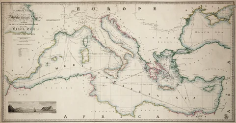 Carta geral do mar Mediterrâneo, incluindo o golfo de Veneza, o Arquipélago e parte do mar Negro, com as rotas dos paquetes a vapor
